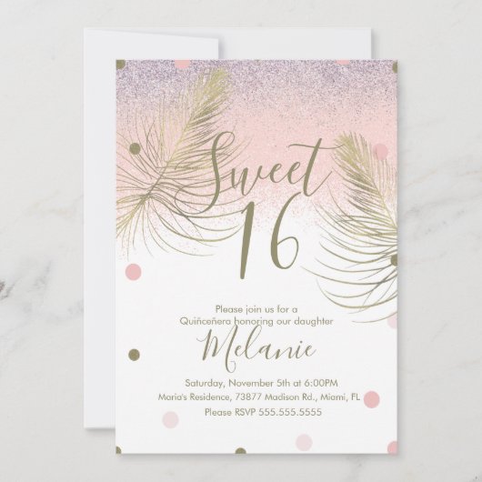 Sweet 16 Faux Glitter Stippen Gold Feather Pink Kaart (Voorkant)