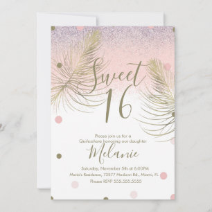 Sweet 16 Faux Glitter Stippen Gold Feather Pink Kaart