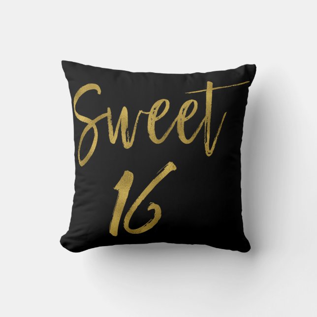 Sweet 16 Faux Gold en Zwart Folie Kussen (Voorkant)