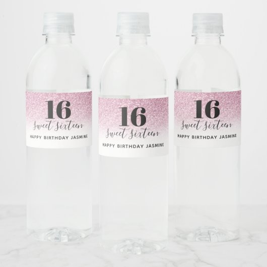 Sweet 16 Faux Hot Pink Glitter Birthday Waterfles Etiket (Flessen)
