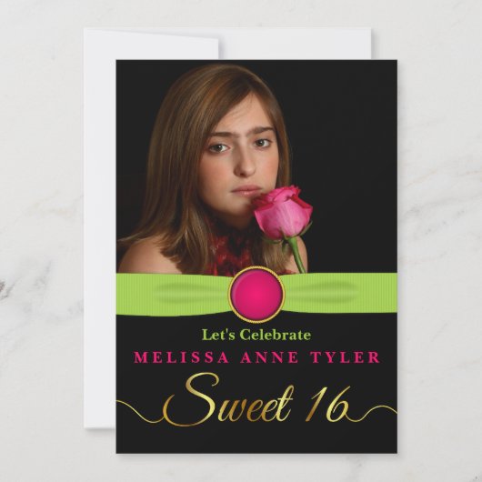 Sweet 16 Faux Jewel and Ribbon Photo Invitation Kaart (Voorkant)
