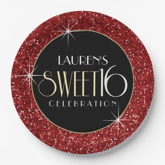 Sweet 16 Faux Red Glitter Papieren Bordje (Voorkant)