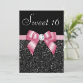 Sweet 16 Faux Sequins Diamonds Bow Zwart Roze Kaart (Staand voorkant)