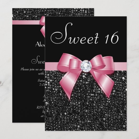 Sweet 16 Faux Sequins Diamonds Bow Zwart Roze Kaart (Voorkant / Achterkant)