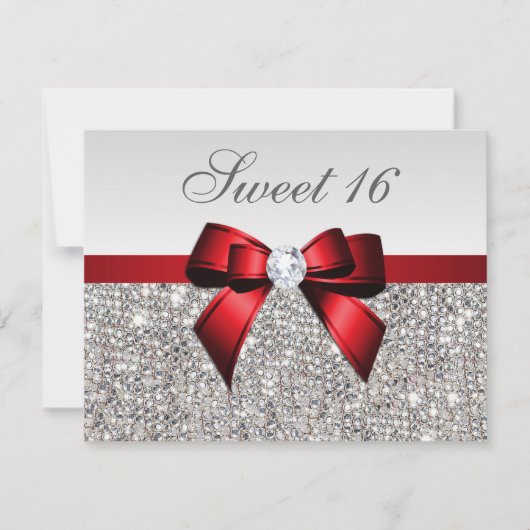 Sweet 16 Faux Silver Sequins Diamonds Red Bow Kaart (Voorkant)