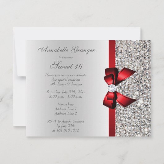 Sweet 16 Faux Silver Sequins Diamonds Red Bow Kaart (Achterkant)