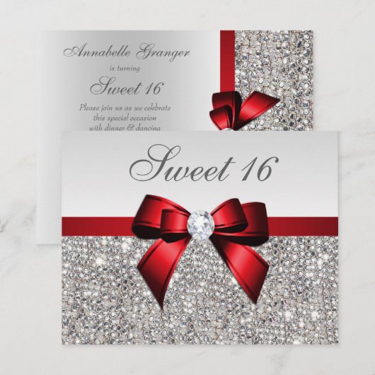 Sweet 16 Faux Silver Sequins Diamonds Red Bow Kaart (Voorkant / Achterkant)