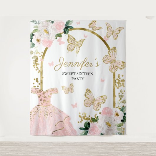 Sweet 16-feest achtergrond - Vlinder bloem jurk Wandkleed (Voorkant)