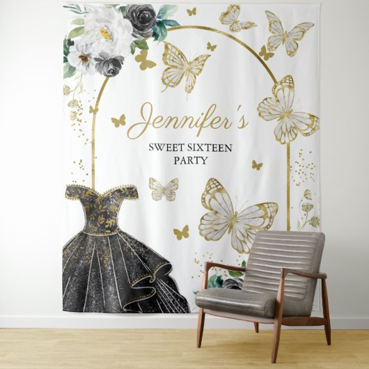 Sweet 16-feest achtergrond - Vlinder bloem jurk Wandkleed (In situ)