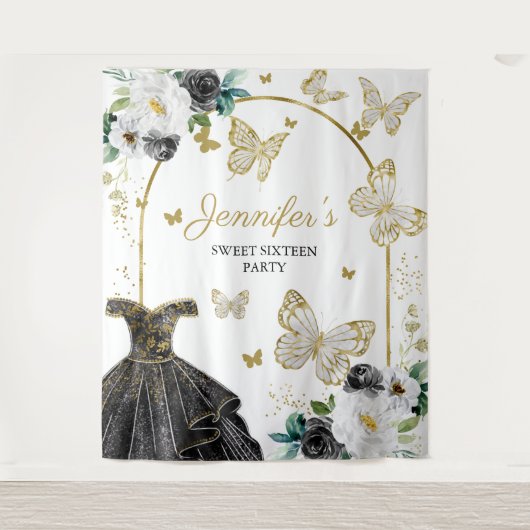 Sweet 16-feest achtergrond - Vlinder bloem jurk Wandkleed (Voorkant)