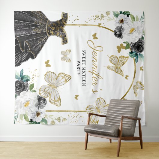 Sweet 16-feest achtergrond - Vlinder bloemendecora Wandkleed (In Situ (horizontaal))