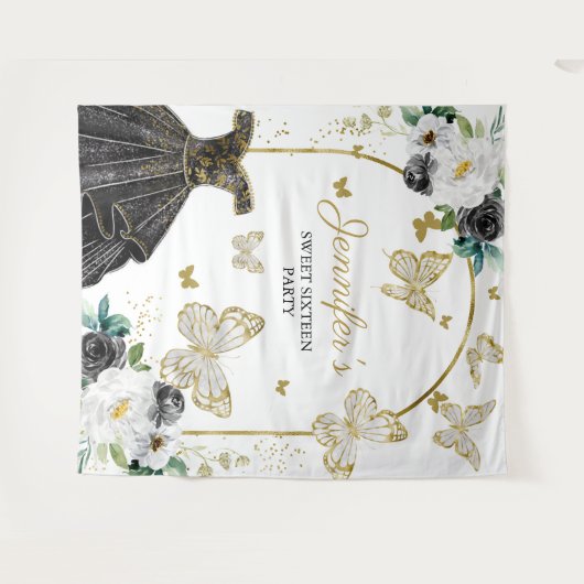 Sweet 16-feest achtergrond - Vlinder bloemendecora Wandkleed (Voorkant (horizontaal))