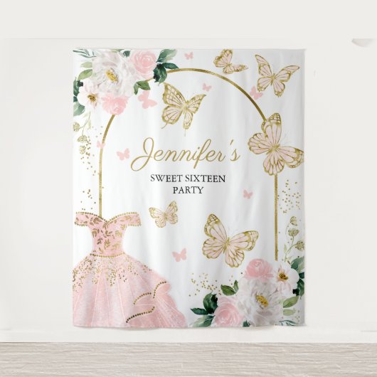 Sweet 16-feest achtergrond - Vlinder bloemendress Wandkleed (Voorkant)