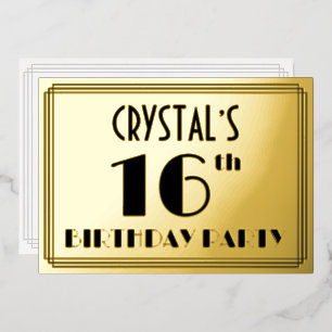 Sweet 16 Feest — Art Deco Uitzicht “16” + Naam Folie Uitnodiging