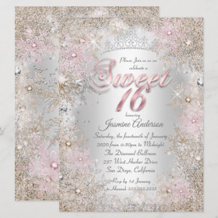 Sweet 16 Feest Beige Roze Zilver Winter Wonderland Kaart