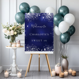 Sweet 16 feest blauwe zilveren glitters glitter we poster