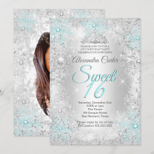 Sweet 16 Feest Foto Zilver Turquoise Sneeuwvlok Kaart