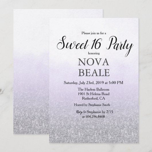 Sweet 16-feest glitter lavendel uitnodiging (Voorkant / Achterkant)