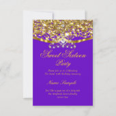 Sweet 16 Feest Glitter Paars Goud Uitnodiging (Voorkant)