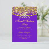 Sweet 16 Feest Glitter Paars Goud Uitnodiging (Staand voorkant)