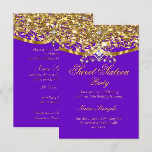 Sweet 16 Feest Glitter Paars Goud Uitnodiging (Voorkant / Achterkant)