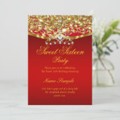 Sweet 16 Feest Glitter Rood Goud Uitnodiging (Staand voorkant)
