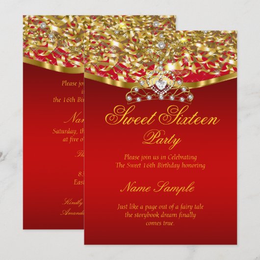 Sweet 16 Feest Glitter Rood Goud Uitnodiging (Voorkant / Achterkant)