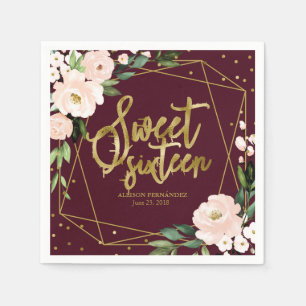 Sweet 16 Feest Goud Folie Blush Bloemig Bourgondië Servet