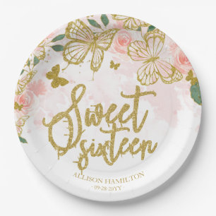 Sweet 16-feest papieren bord blozend vlinder bloem