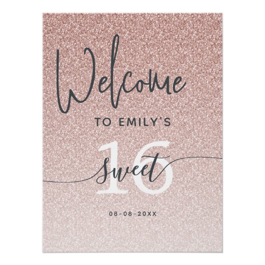 Sweet 16-feest roze glitters welkomstbord poster (Voorkant)
