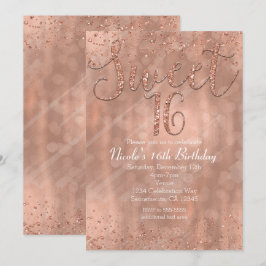 Sweet 16-feest roze roos gouden glamour uitnodigin kaart
