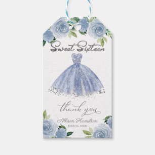 Sweet 16-feest Stofblauwe zilveren jurk met bloeme Cadeaulabel