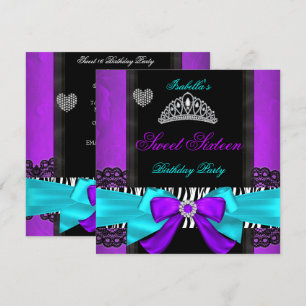 Sweet 16 Feest Sweet Sixteen Paars Turquoise Zebra Kaart