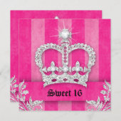 Sweet 16 Feest Uitnodiging Roze Strepen Kroon Tiar (Voorkant / Achterkant)