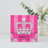 Sweet 16 Feest Uitnodiging Roze Strepen Kroon Tiar (Staand voorkant)