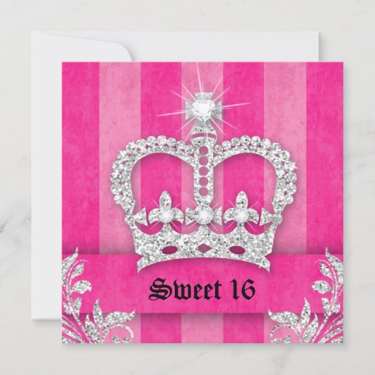 Sweet 16 Feest Uitnodiging Roze Strepen Kroon Tiar (Voorkant)