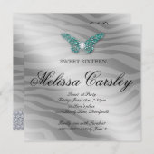 Sweet 16 Feest Uitnodiging Sieraden Vlinder Zebra  (Voorkant / Achterkant)