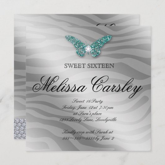 Sweet 16 Feest Uitnodiging Sieraden Vlinder Zebra (Voorkant / Achterkant)