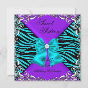 Sweet 16 Feest Zebra Paars Turquoise Diamant Boog Kaart