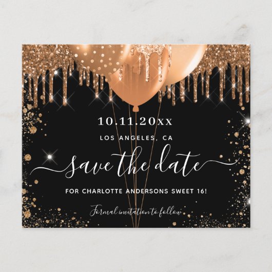 Sweet 16-feest zwart goud budget save-the-date flyer (Voorkant)