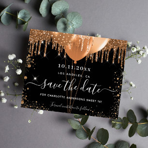 Sweet 16-feest zwart goud budget save the date flyer