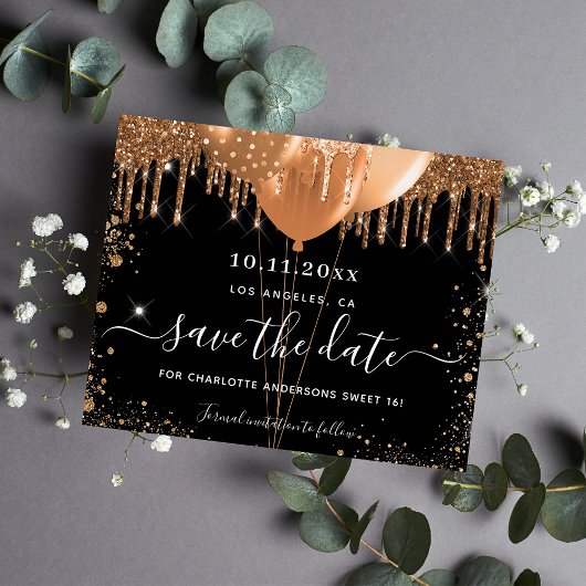Sweet 16-feest zwart goud budget save-the-date flyer