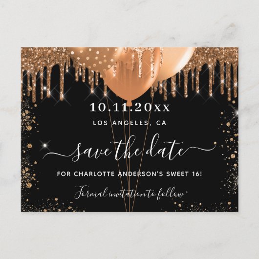 Sweet 16-feest zwart gouden ballonnen save the dat aankondigingskaart (Voorkant)