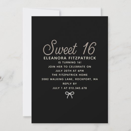 Sweet 16-feest zwart-wit parel script lint kaart (Voorkant)