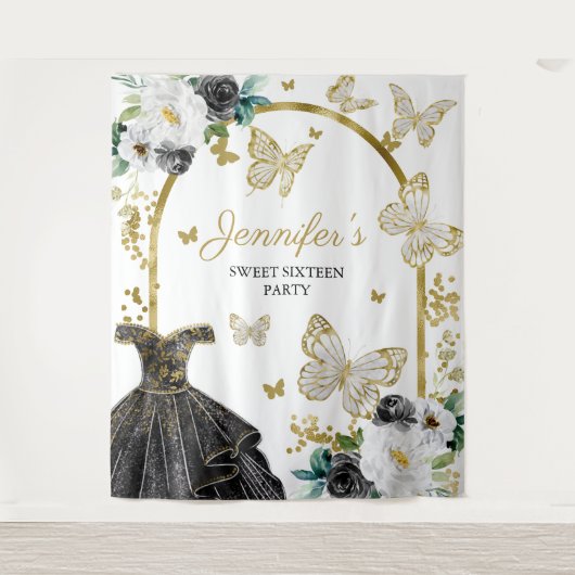 Sweet 16-feestachtergrond - Vlinder Bloem Jurk Wandkleed (Voorkant)