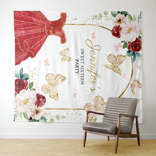 Sweet 16-feestachtergrond - Vlinder bloemjurk Wandkleed (In Situ (horizontaal))