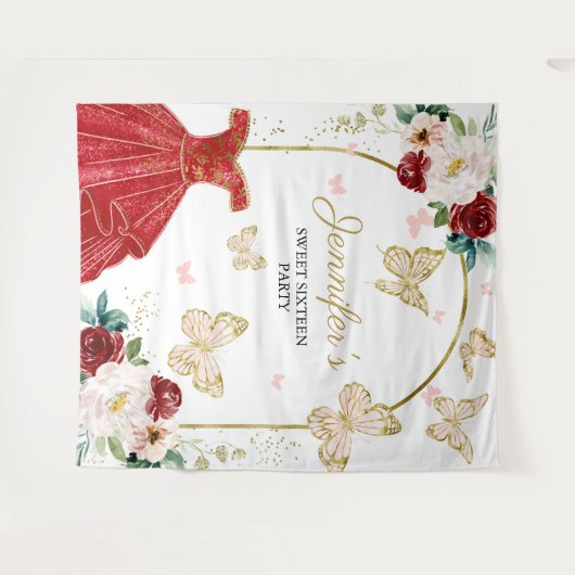 Sweet 16-feestachtergrond - Vlinder bloemjurk Wandkleed (Voorkant (horizontaal))