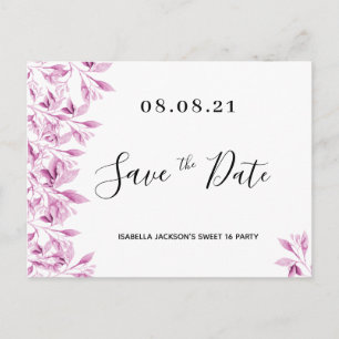 Sweet 16-feestje witte roze bloemen save the date briefkaart