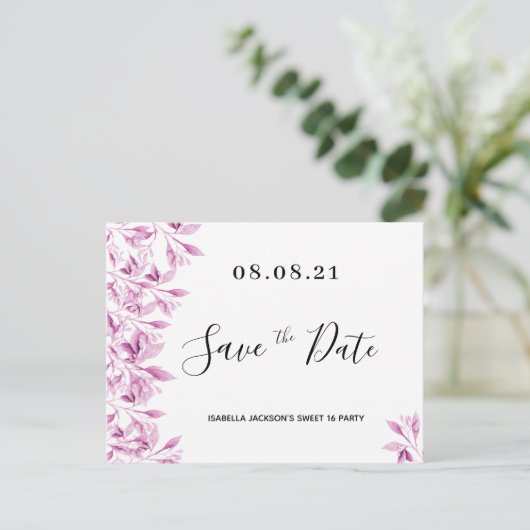 Sweet 16-feestje witte roze bloemen save the date briefkaart (Staand voorkant)