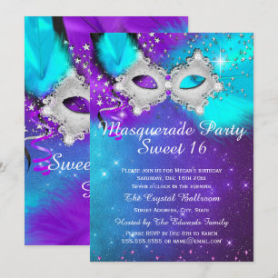 Sweet 16 Feestmasker Turkoois Paars Zilver Masquer Kaart